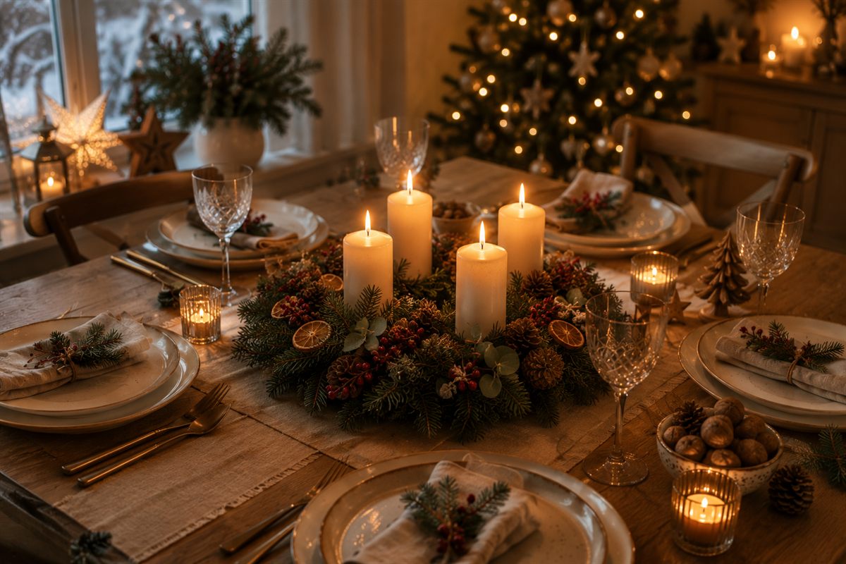 Adventní věnec se čtyřmi zapálenými svíčkami uprostřed prostřeného stolu